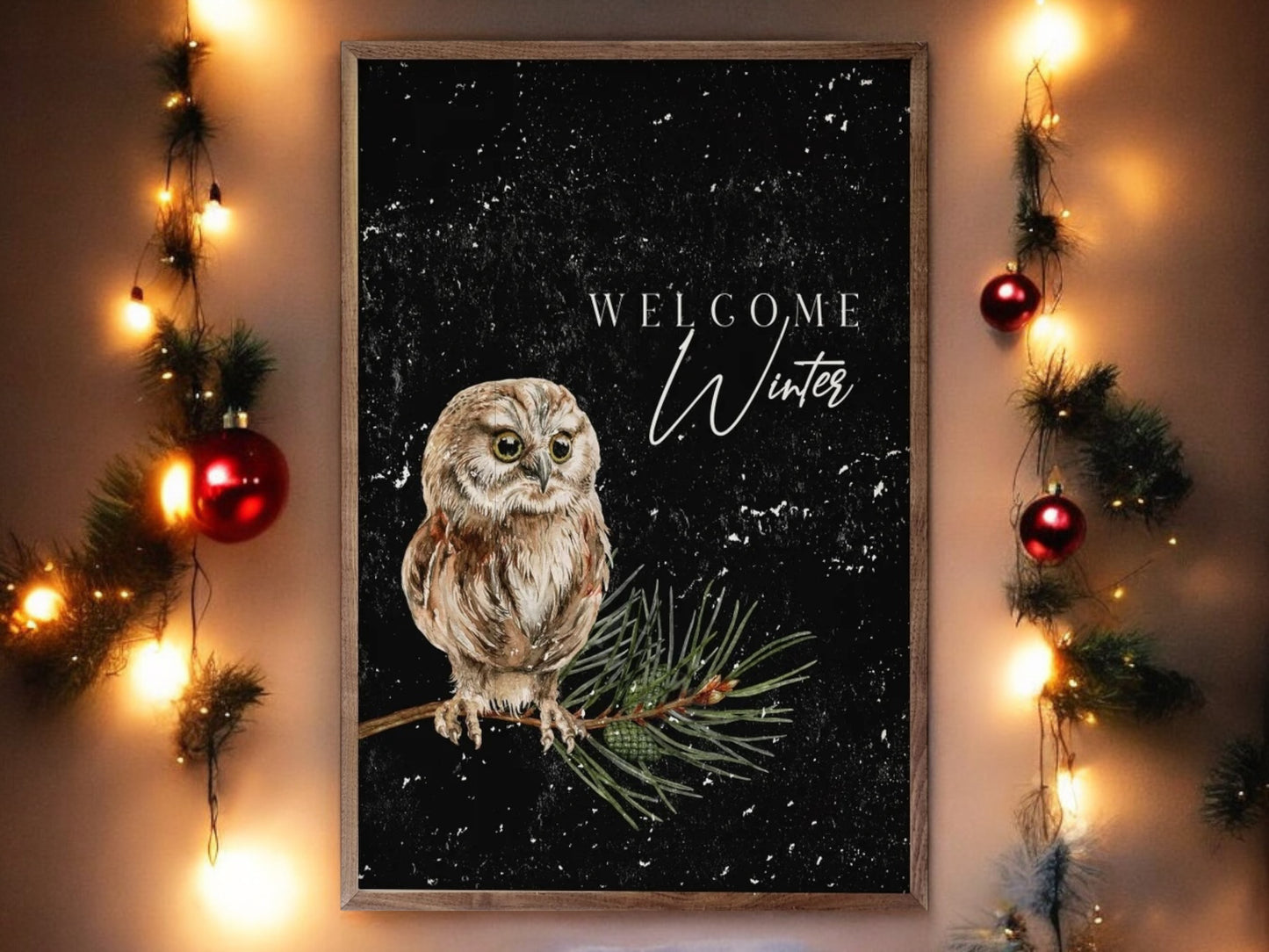 Christmas Welcome Winter Owl Artwork (Black)