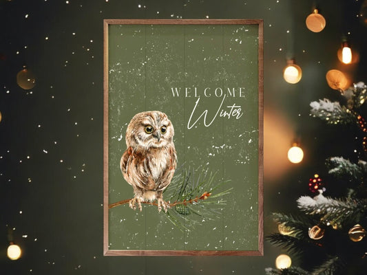 Christmas Welcome Winter Owl Artwork (Green)